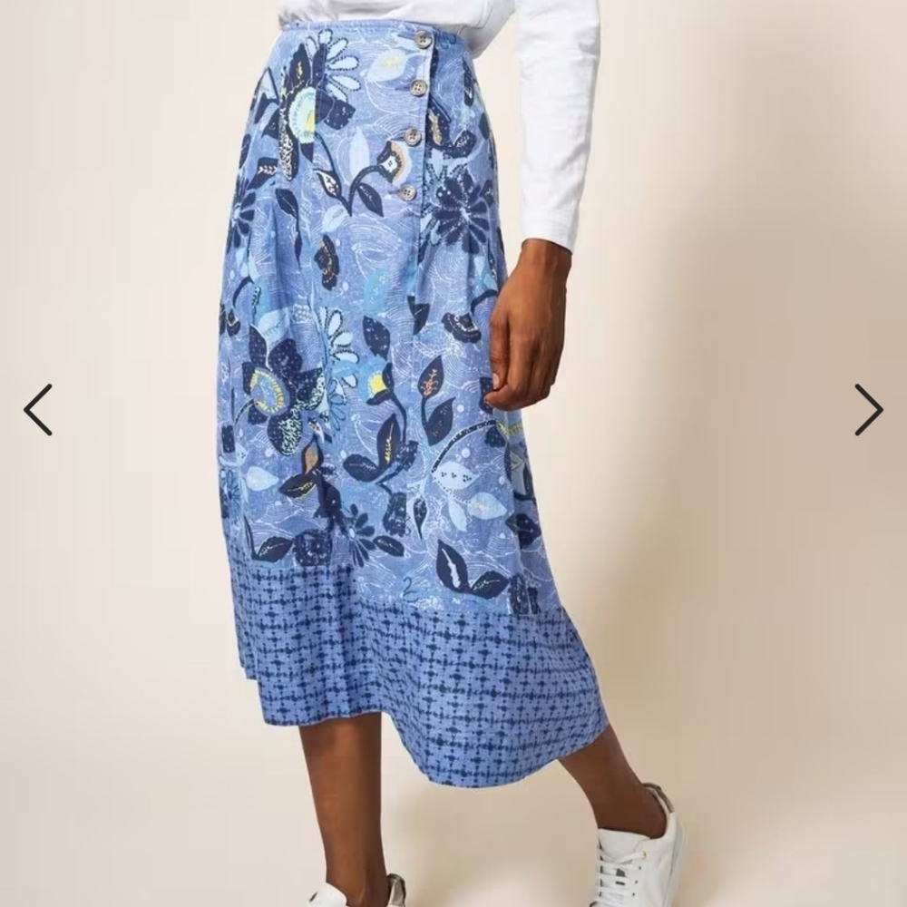Nwt WHITE STUFF CHIARA LINEN SKIRT MIDI BLUE PAISLEY PRINT M Y2k Retro - Picture 15 of 16